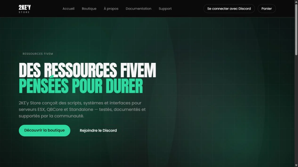 Page d’accueil du site 2KE’y Store et son identité verte sur fond sombre