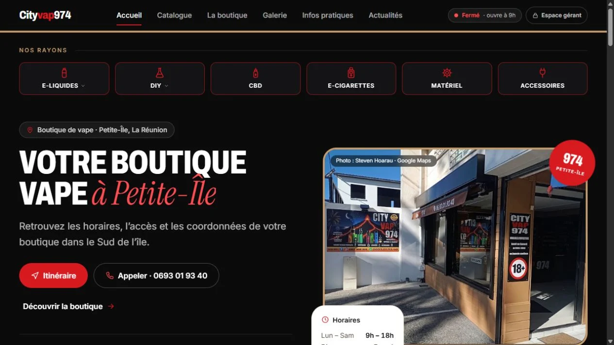 Aperçu du design du site CityVap974, noir, rouge et brun clair